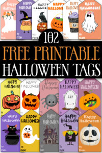 At the top the image says 102 free printable Halloween gift tags. Above and below that are some of the free Halloween gift tags you can download in this post.