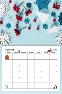 This image shows one of the months from this set of free printable calendars (starting with either a Sunday or Monday). This example is showing the month of January.