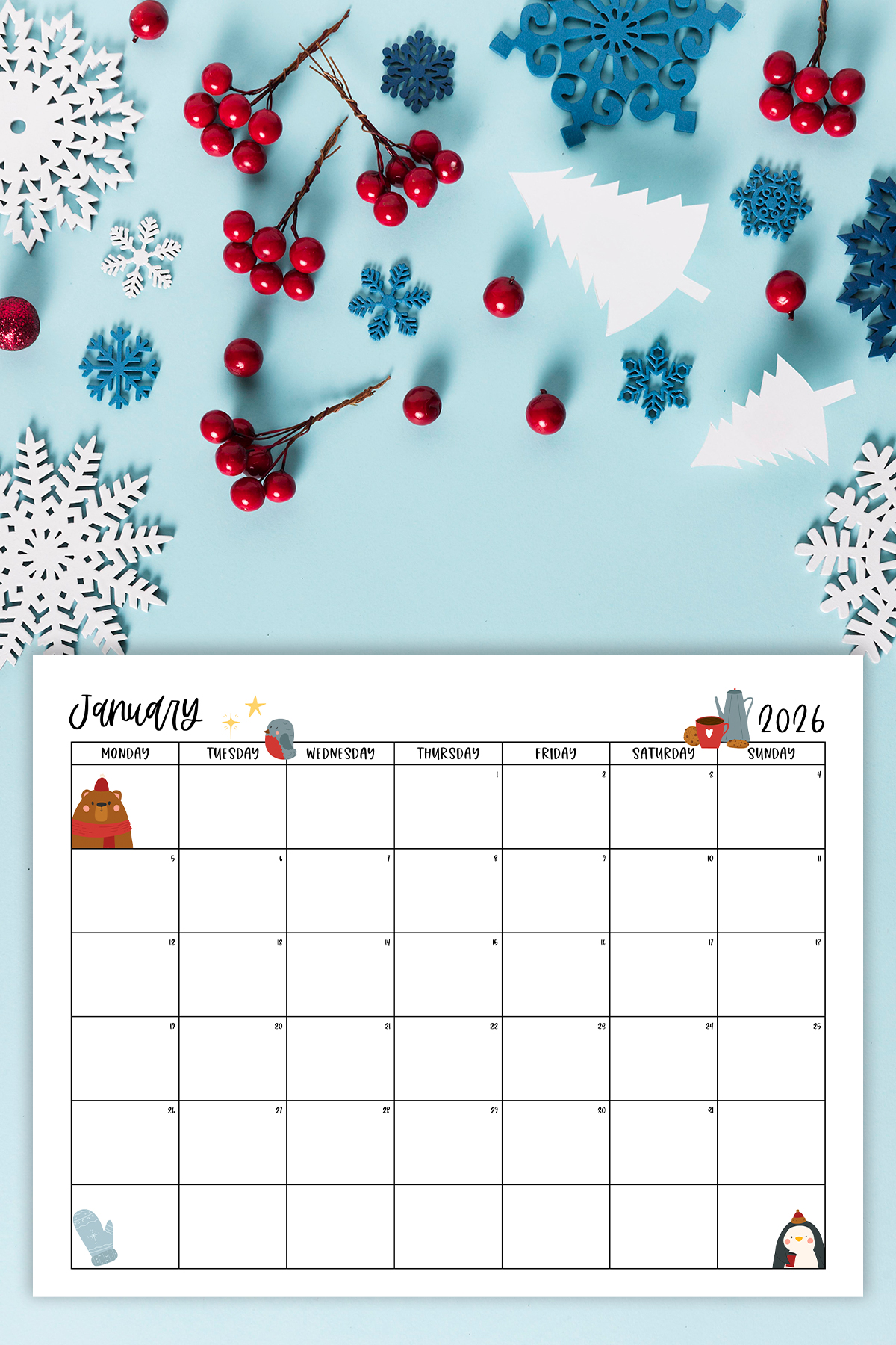 This image shows one of the months from this set of free printable calendars (starting with either a Sunday or Monday). This example is showing the month of January.