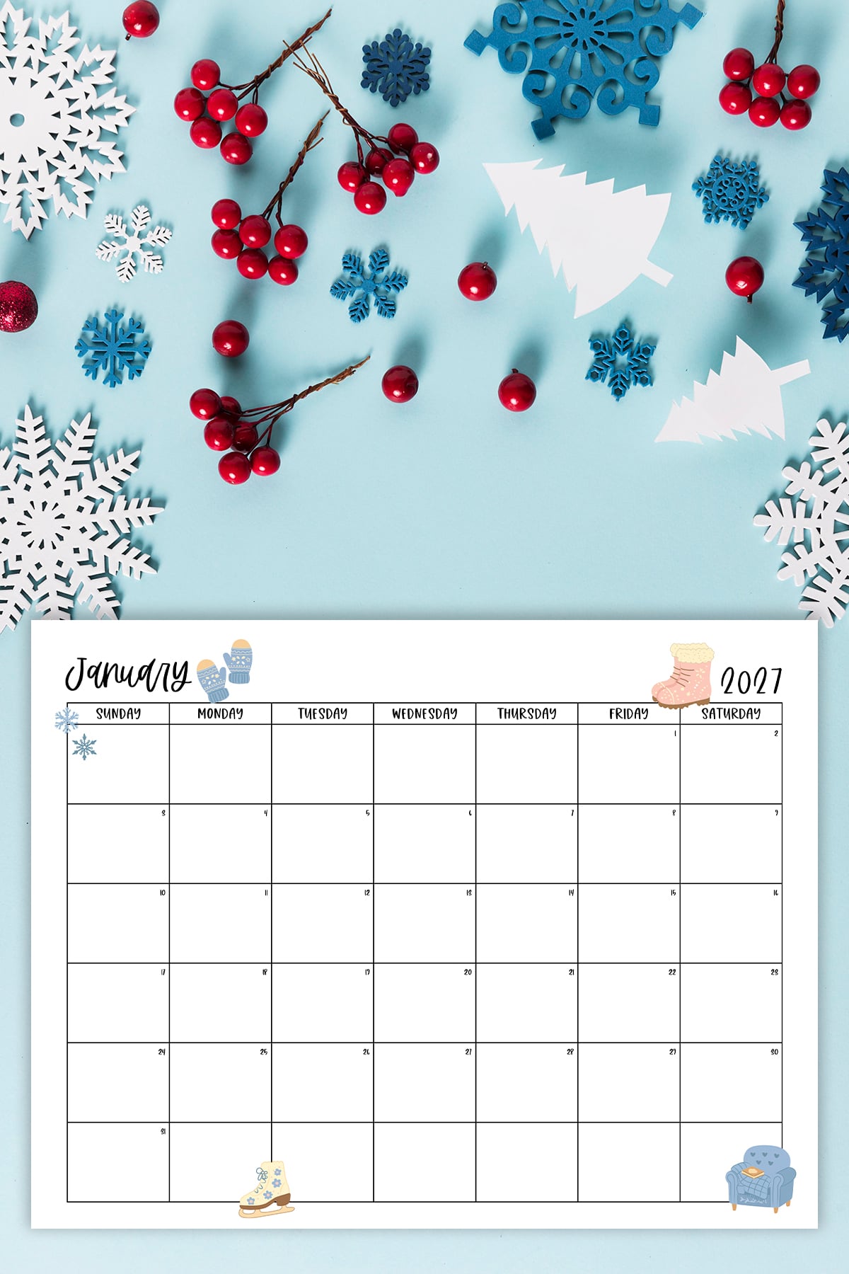 This image shows one of the months from this set of free printable calendars (starting with either a Sunday or Monday). This example is showing the month of January.