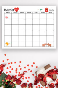 This image shows one of the months from this set of free printable calendars (starting with either a Sunday or Monday). This example is showing the month of February.