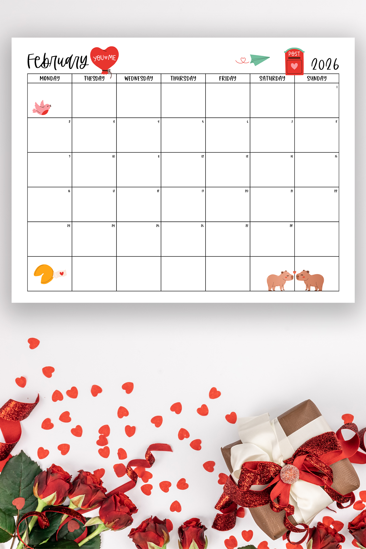 This image shows one of the months from this set of free printable calendars (starting with either a Sunday or Monday). This example is showing the month of February.