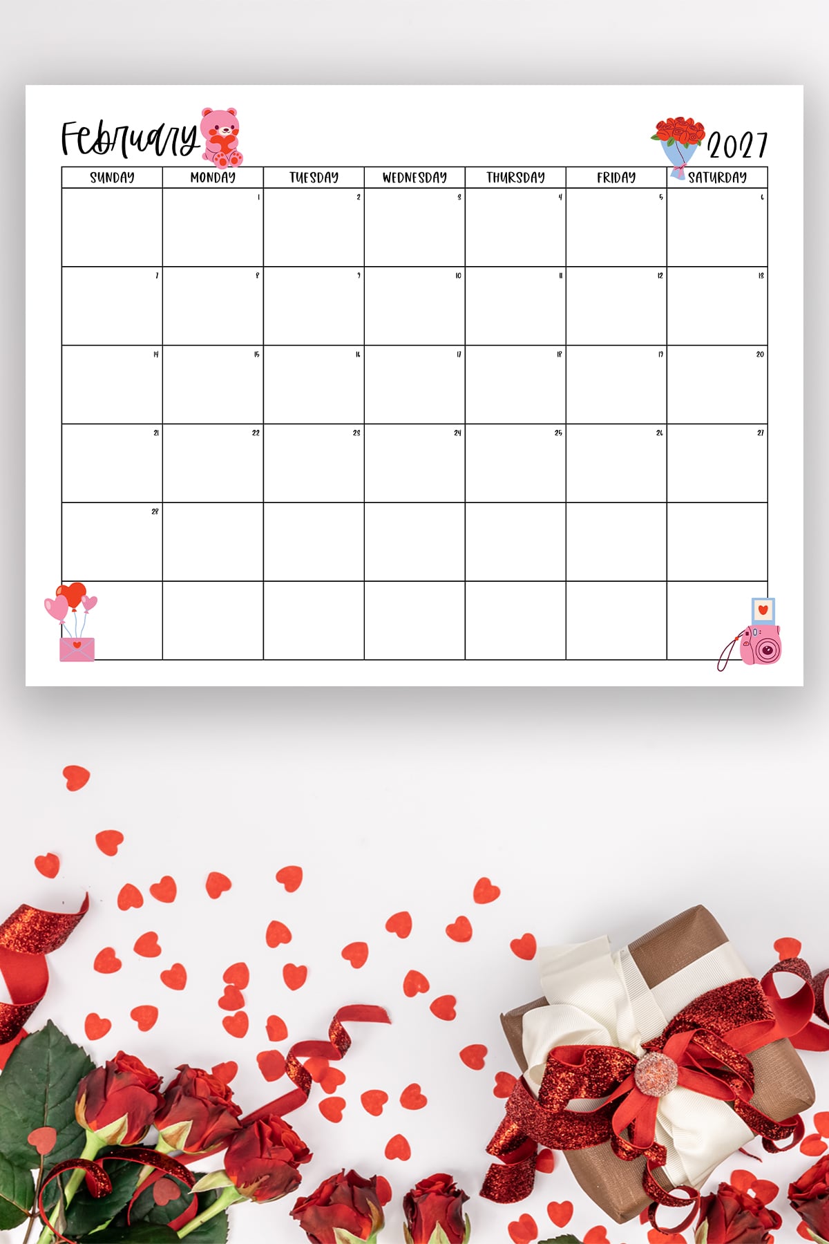 This image shows one of the months from this set of free printable calendars (starting with either a Sunday or Monday). This example is showing the month of February.