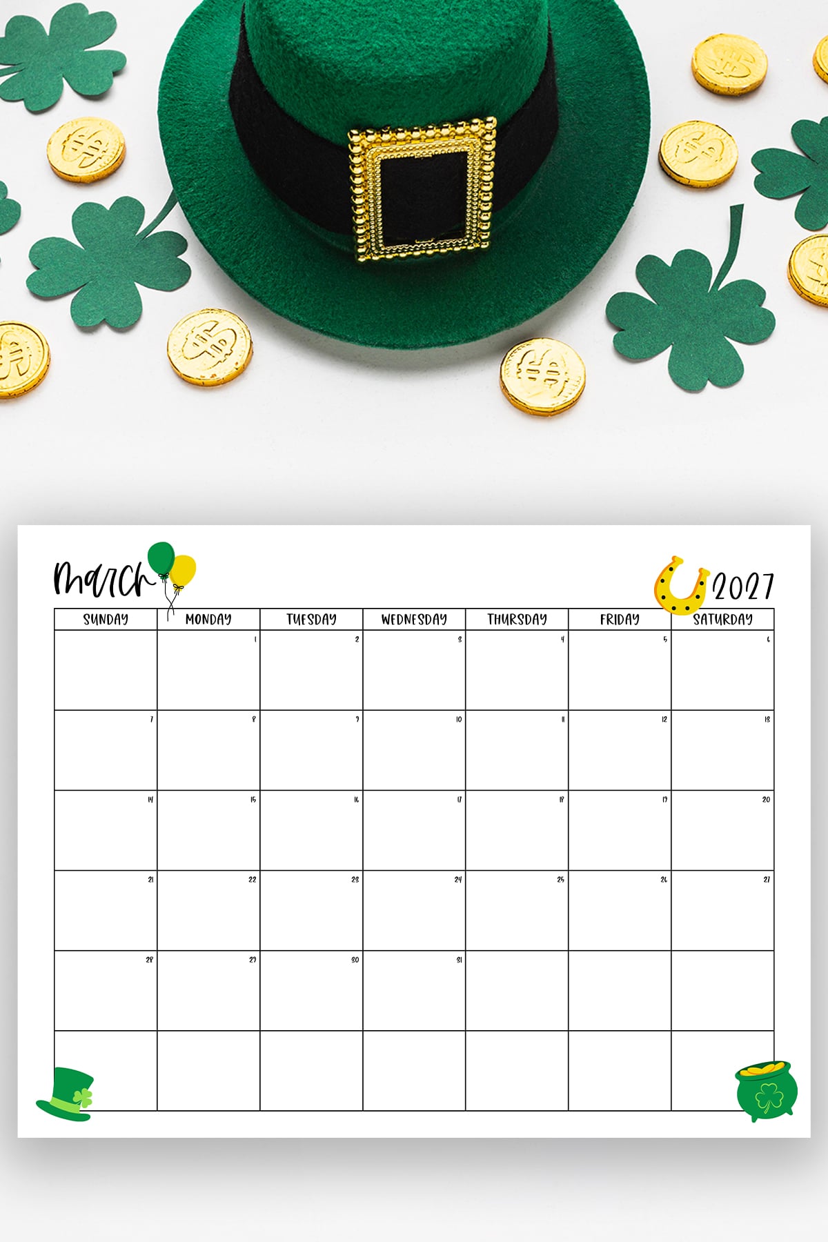 This image shows one of the months from this set of free printable calendars (starting with either a Sunday or Monday). This example is showing the month of March.