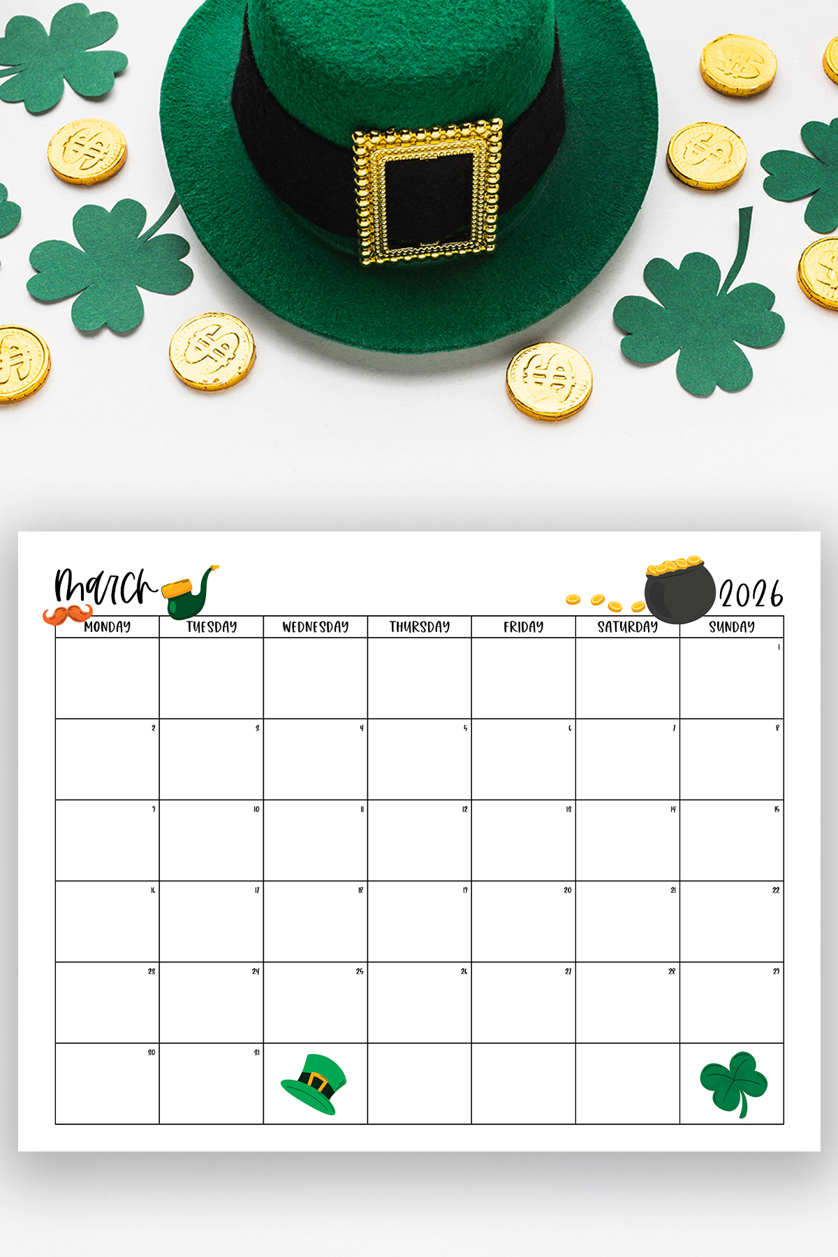 This image shows one of the months from this set of free printable calendars (starting with either a Sunday or Monday). This example is showing the month of March.