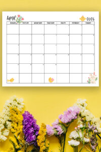 This image shows one of the months from this set of free printable calendars (starting with either a Sunday or Monday). This example is showing the month of April.