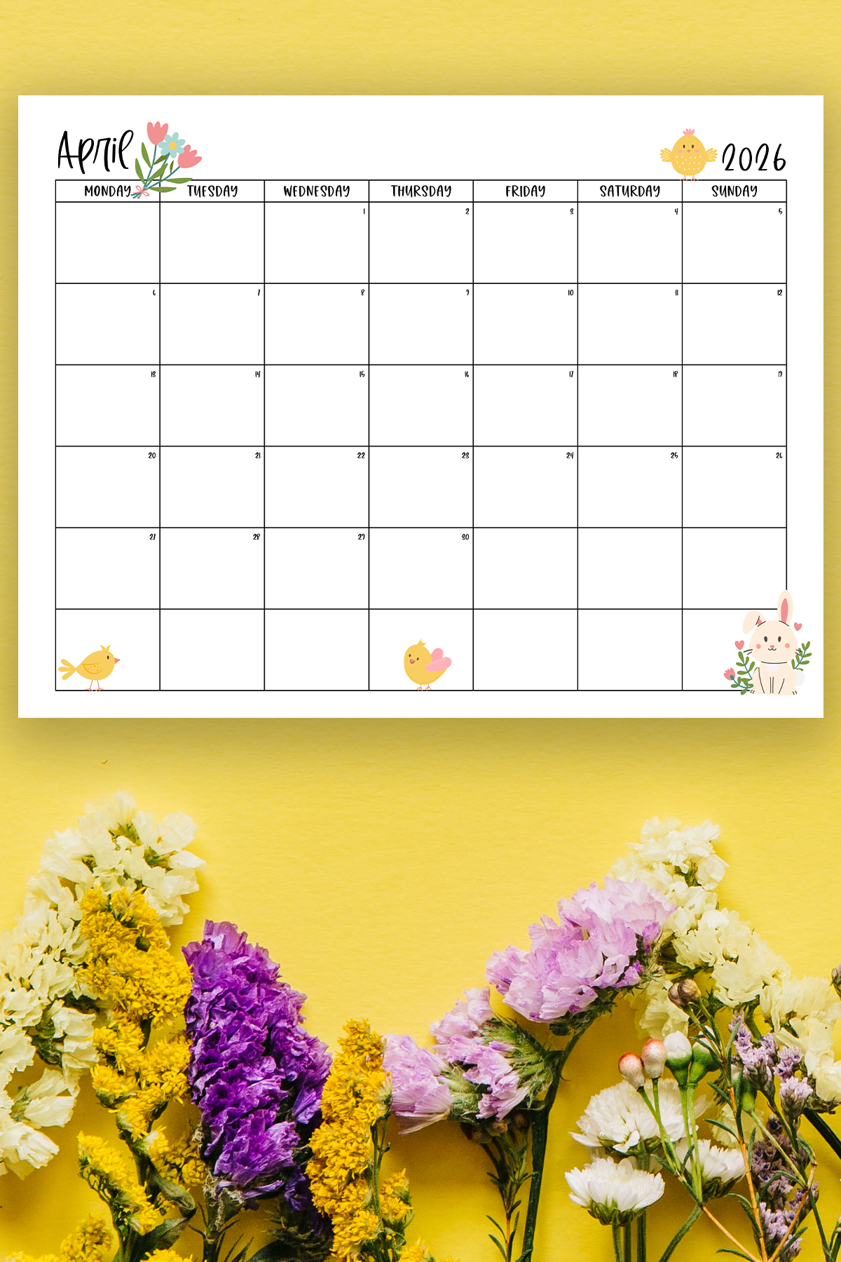 This image shows one of the months from this set of free printable calendars (starting with either a Sunday or Monday). This example is showing the month of April.