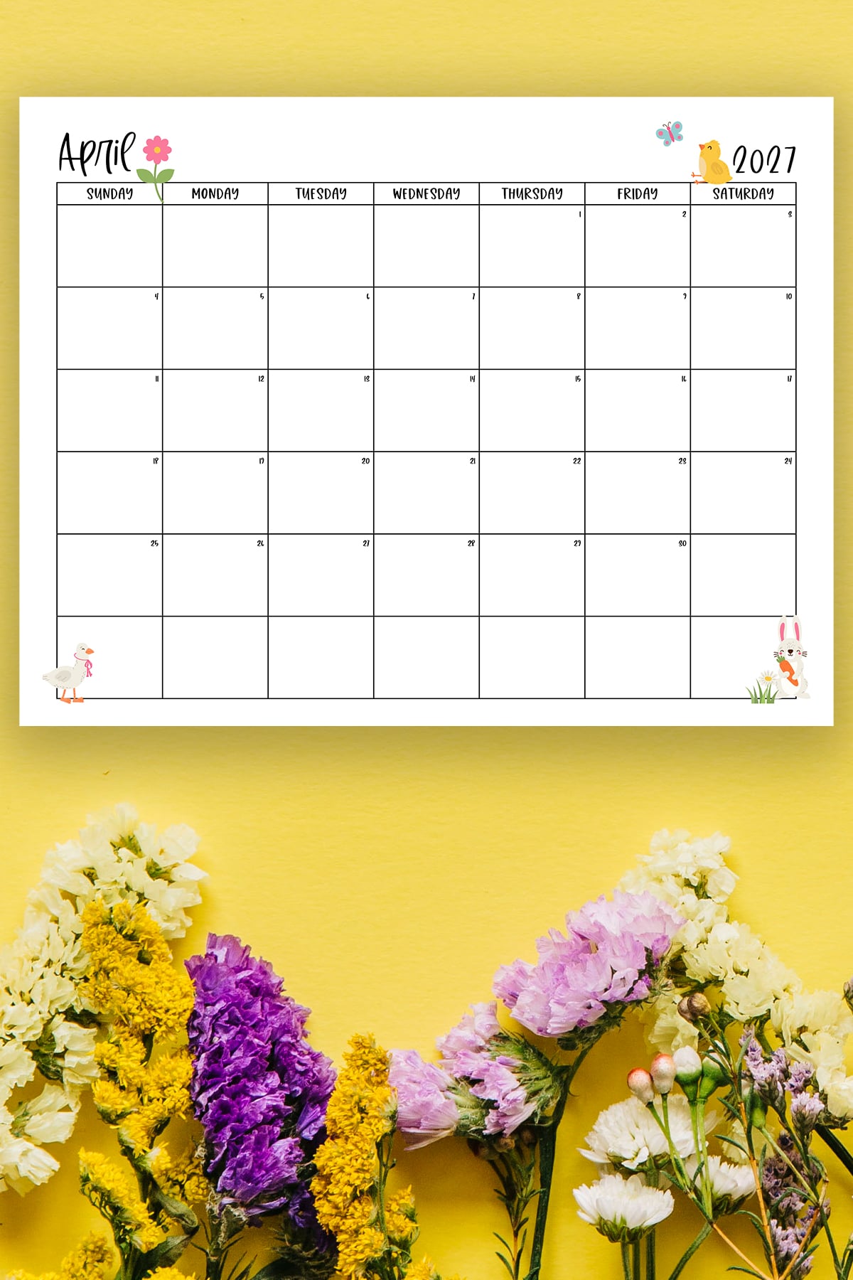 This image shows one of the months from this set of free printable calendars (starting with either a Sunday or Monday). This example is showing the month of April.