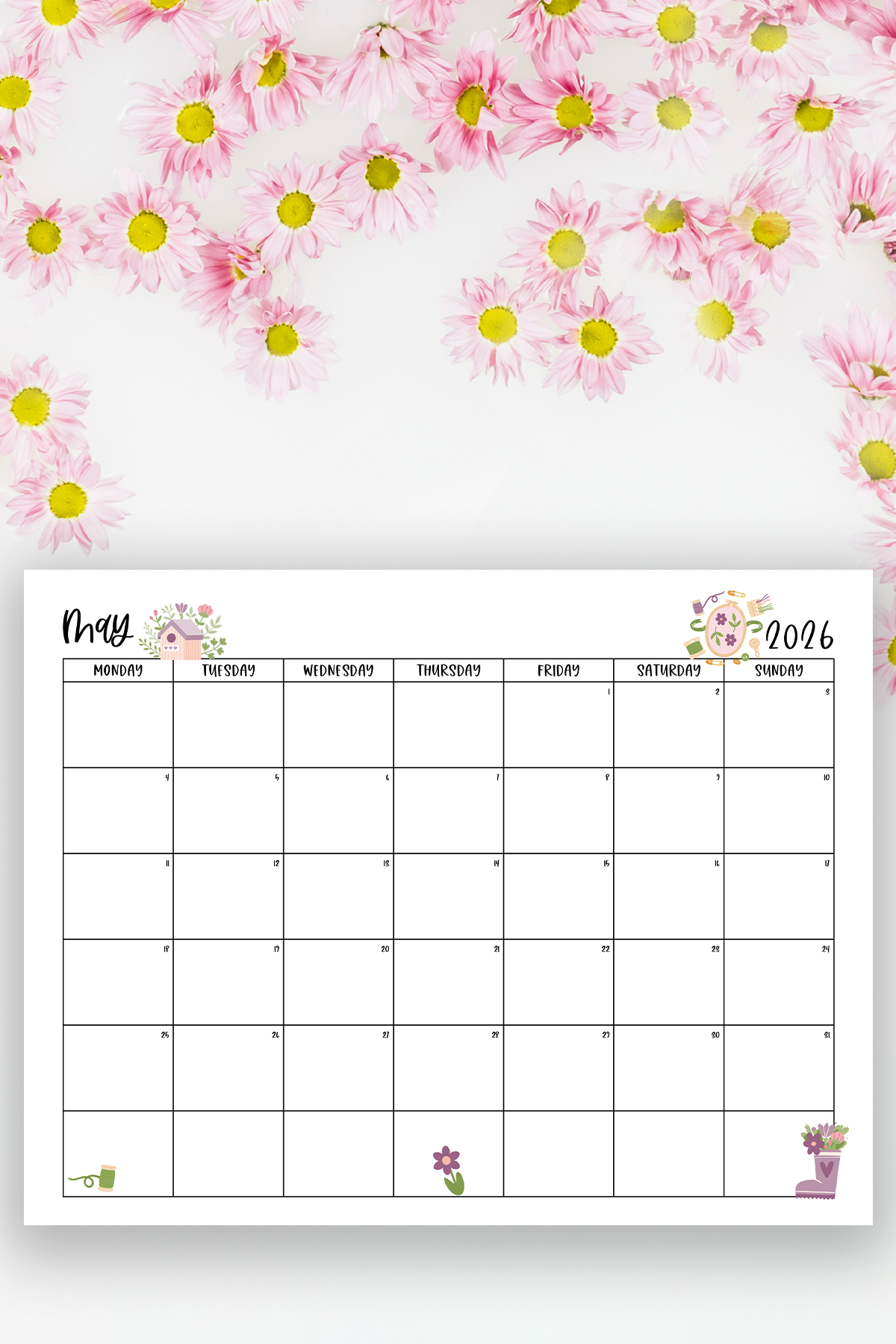 This image shows one of the months from this set of free printable calendars (starting with either a Sunday or Monday). This example is showing the month of May.