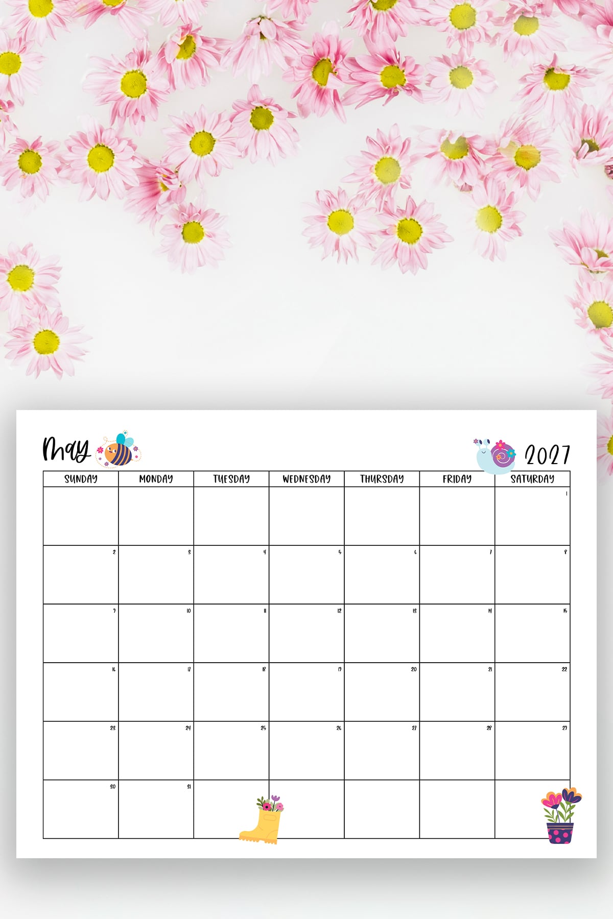 This image shows one of the months from this set of free printable calendars (starting with either a Sunday or Monday). This example is showing the month of May.