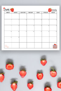 This image shows one of the months from this set of free printable calendars (starting with either a Sunday or Monday). This example is showing the month of June.