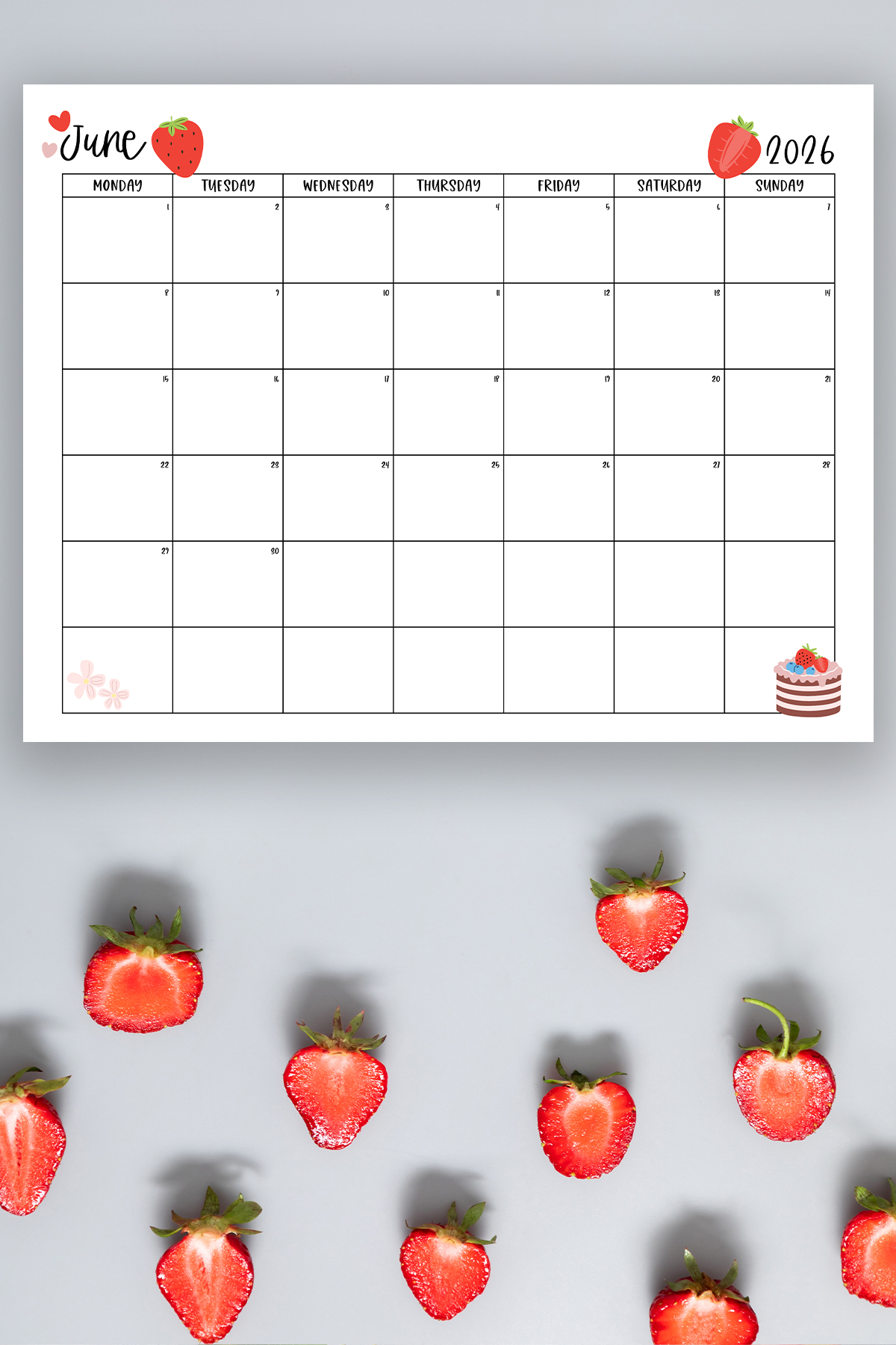 This image shows one of the months from this set of free printable calendars (starting with either a Sunday or Monday). This example is showing the month of June.