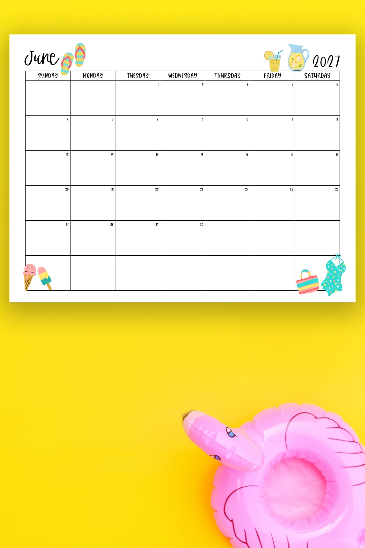 This image shows one of the months from this set of free printable calendars (starting with either a Sunday or Monday). This example is showing the month of June.