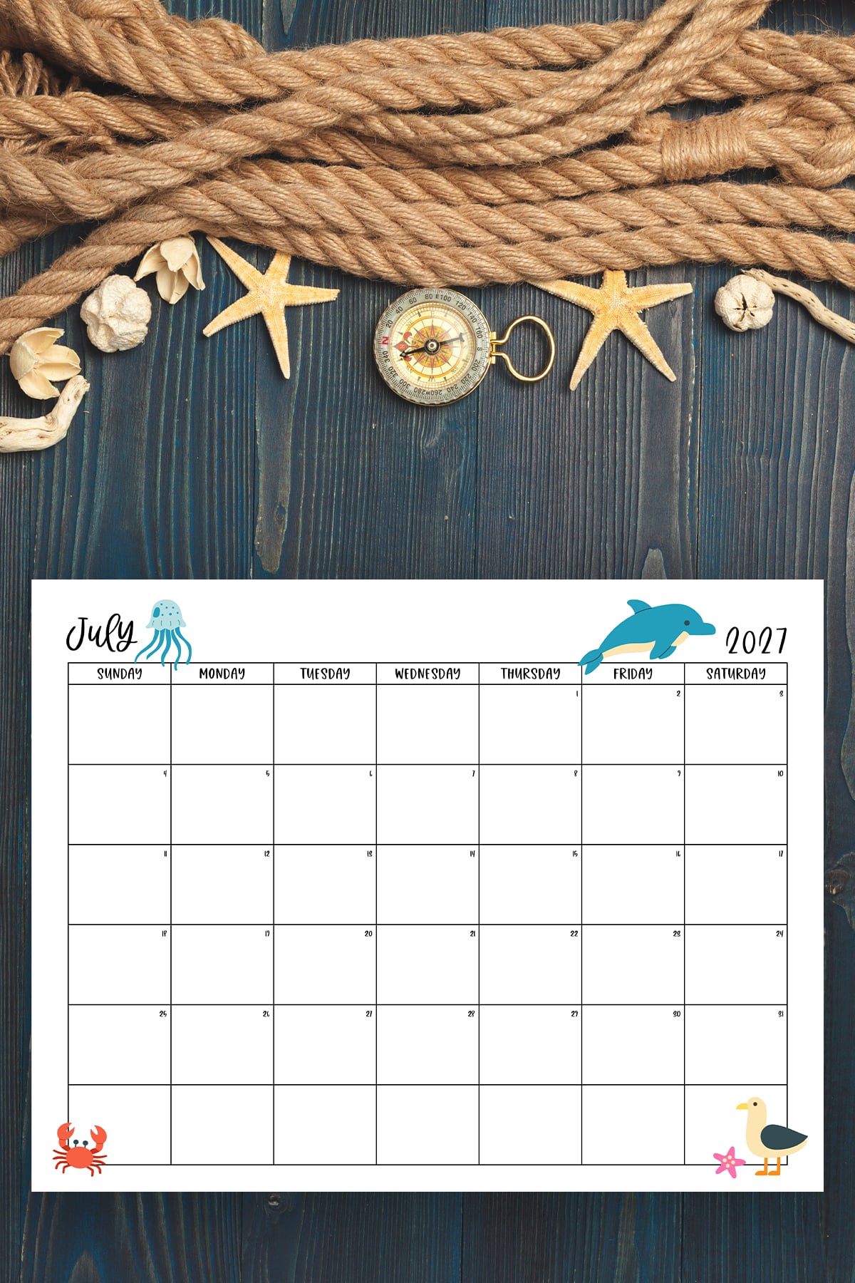 This image shows one of the months from this set of free printable calendars (starting with either a Sunday or Monday). This example is showing the month of July.