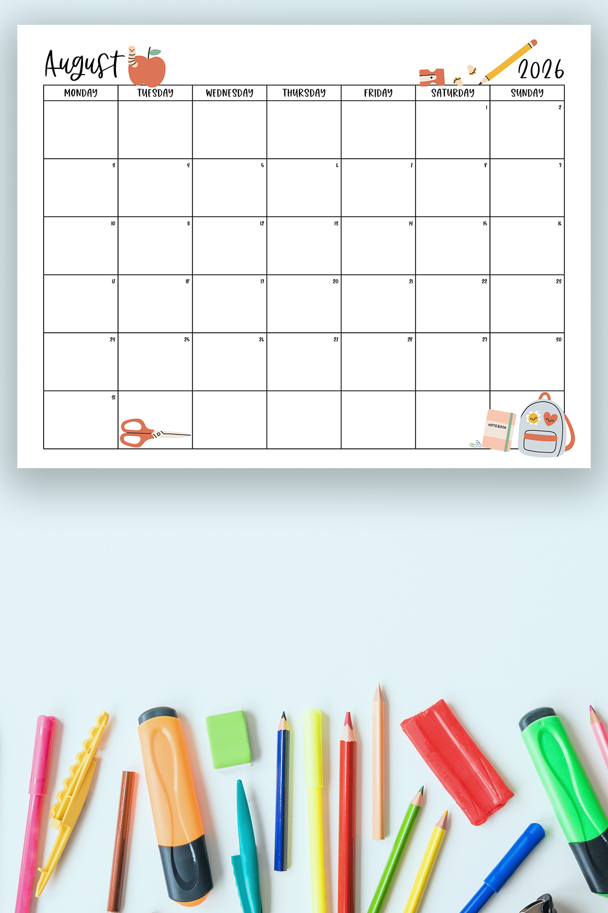 This image shows one of the months from this set of free printable calendars (starting with either a Sunday or Monday). This example is showing the month of August.