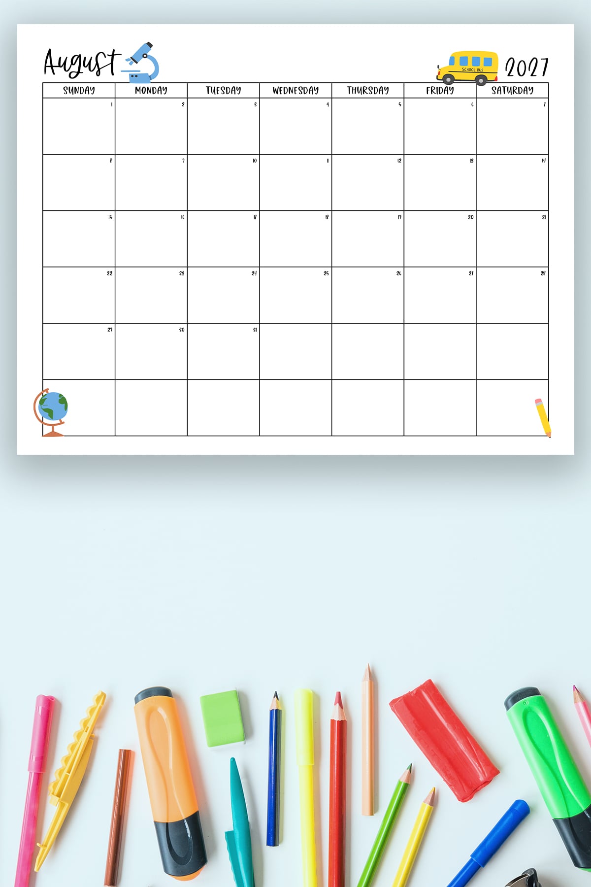 This image shows one of the months from this set of free printable calendars (starting with either a Sunday or Monday). This example is showing the month of August.
