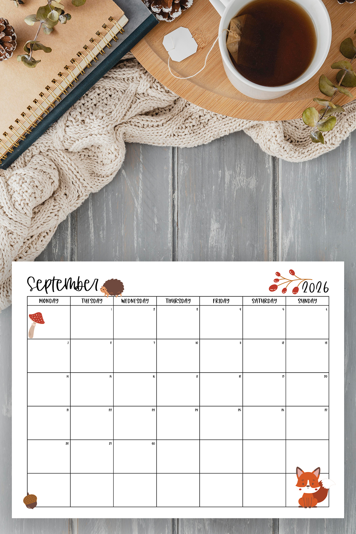 This image shows one of the months from this set of free printable calendars (starting with either a Sunday or Monday). This example is showing the month of September.