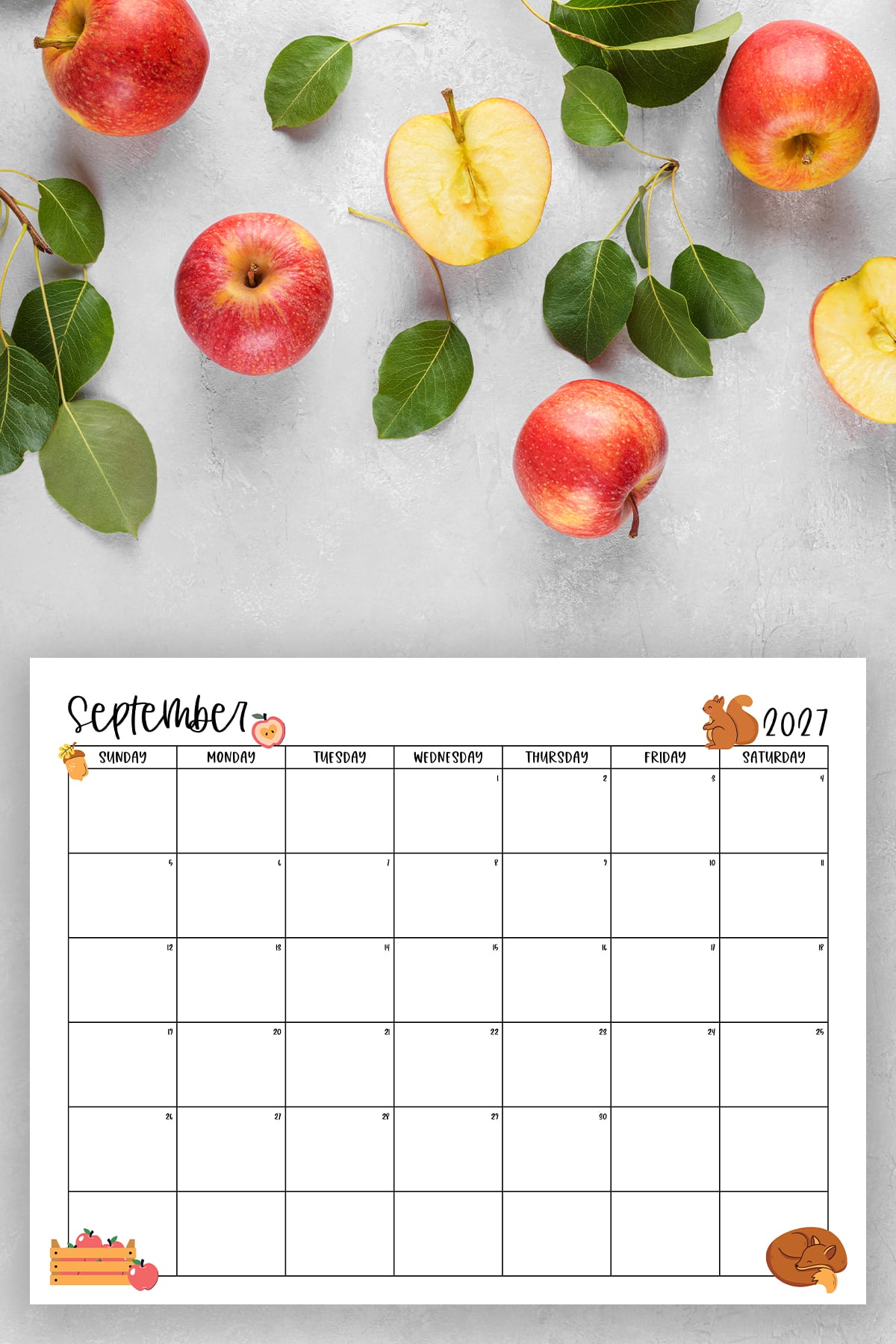 This image shows one of the months from this set of free printable calendars (starting with either a Sunday or Monday). This example is showing the month of September.