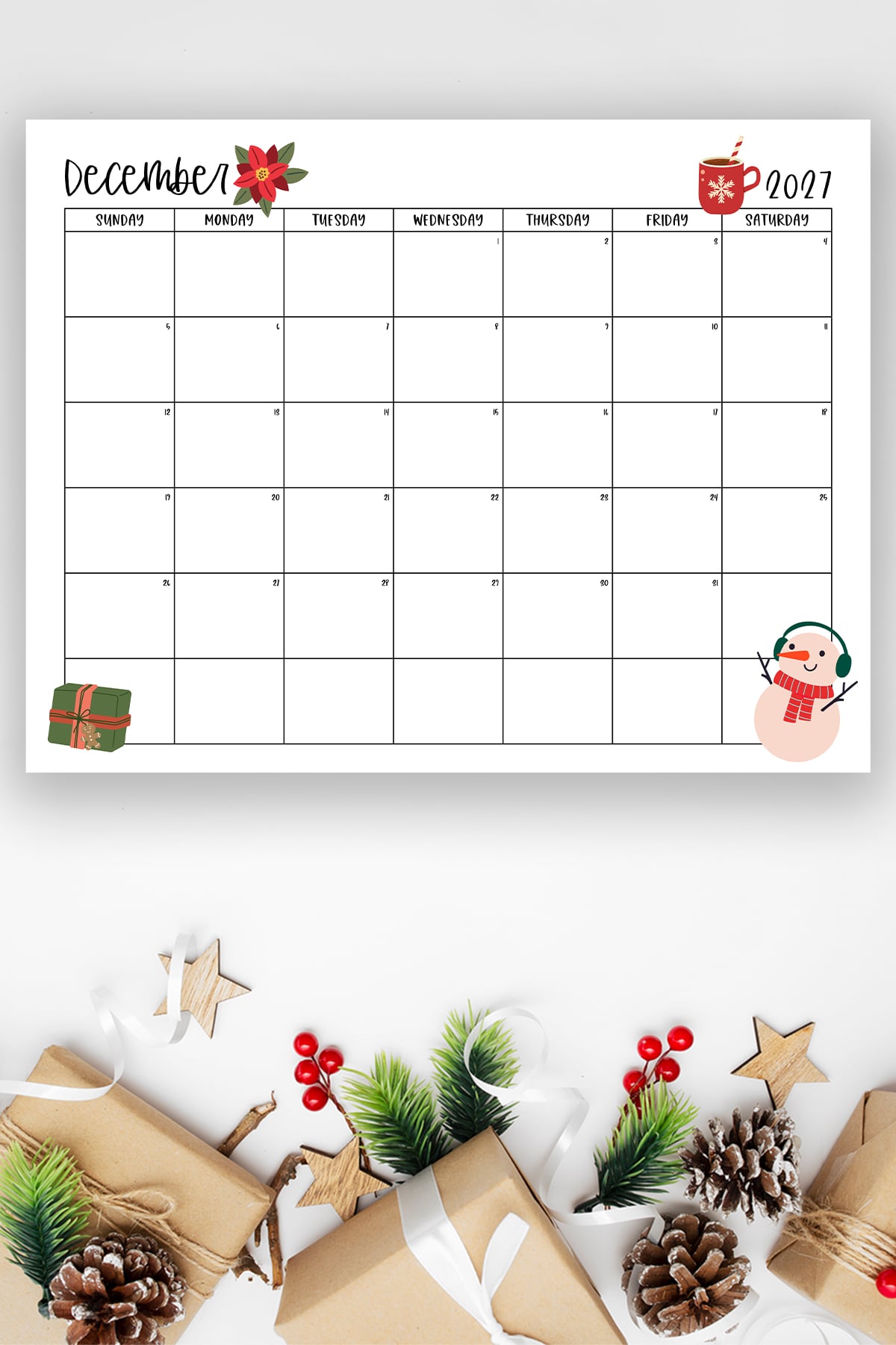 This image shows one of the months from this set of free printable calendars (starting with either a Sunday or Monday). This example is showing the month of December.