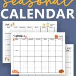 Promotional graphic for a free 2027 seasonal calendar with optional holidays. The top text reads ‘Free 2027 Seasonal Calendar’ in bold black, white, and yellow lettering. Three sample monthly pages are shown: January with winter-themed illustrations like a bear and mittens, September with apple-themed icons, and June with pool icons like flip flops, an lemonade. Each calendar page includes small seasonal doodles and listed holidays.