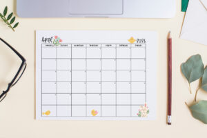 This image shows one of the months from this set of free printable calendars (starting with either a Sunday or Monday). This example is showing the month of April.
