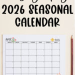 At the top it says free single 2026 seasonal calendar. Below that, the image shows one of the months from this set of free printable calendars (starting with either a Sunday or Monday). This example is showing the month of April.
