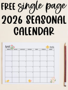 At the top it says free single 2026 seasonal calendar. Below that, the image shows one of the months from this set of free printable calendars (starting with either a Sunday or Monday). This example is showing the month of April.
