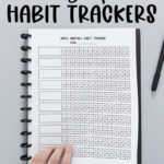 At the top it says free simple habit trackers. At the bottom it says 31, 30, 29, & 28 day options. In the middle is the image of one of the free trackers you can get at the end of the post.