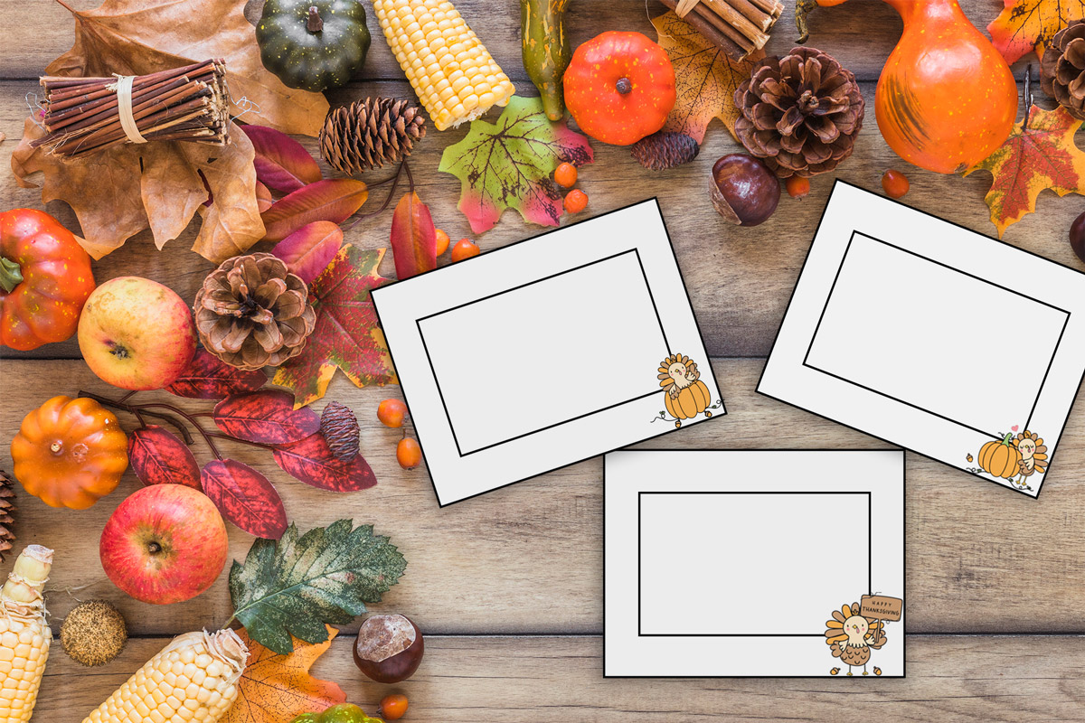 This image shows an example of 3 of the free Thanksgiving place card and name cards you can get for free in this blog post.