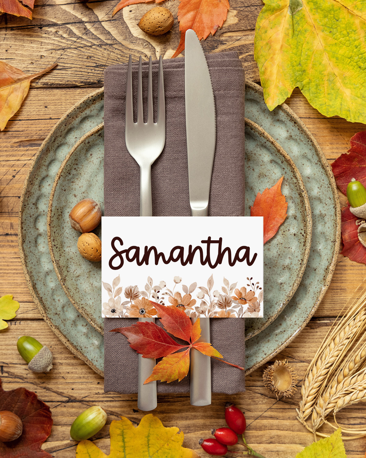 This image shows an example of the free Thanksgiving place card and name cards you can get for free in this blog post.