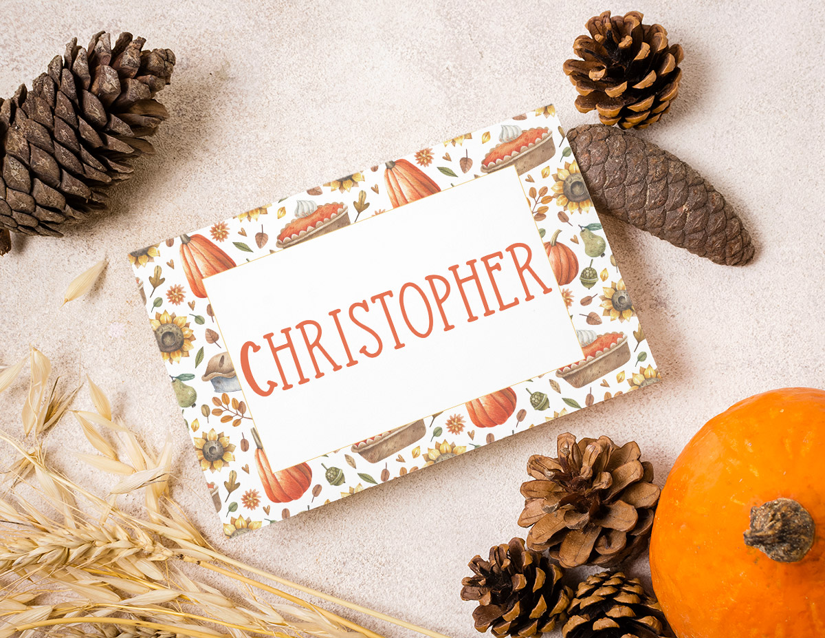 This image shows an example of the free Thanksgiving place card and name cards you can get for free in this blog post.