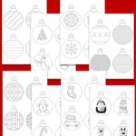At the top it says free printable Christmas ornaments. Below that it shows some of the free Christmas ornaments printable pages you can download at the end of this blog post. At the bottom it says 45 unique designs.