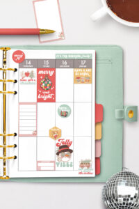 This is an image of the one sheet of the free printable Christmas planner stickers you can get for free at the end of this post. They are inside of a green planner.