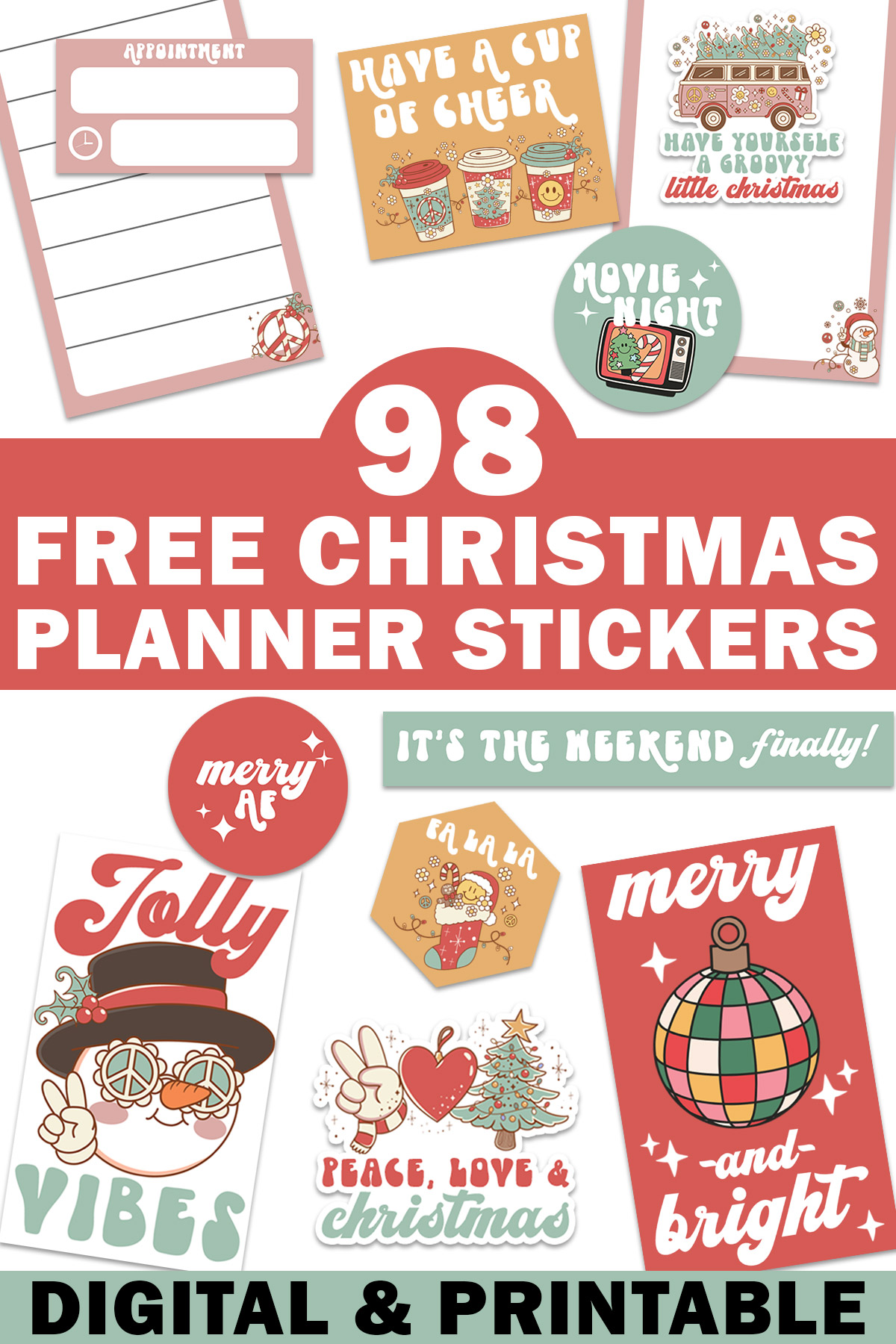 In the middle it says 98 free Christmas planner stickers. At the bottom it says digital & printable. Surrounding the words are some of the free digital Christmas planner stickers you can get at the end of this blog post.