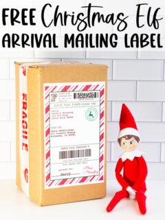 At the top it says free Christmas elf arrival mailing label. Below that is an image showing an example of the elf on the shelf sitting next to a package with the free elf on the shelf mailing label on it.
