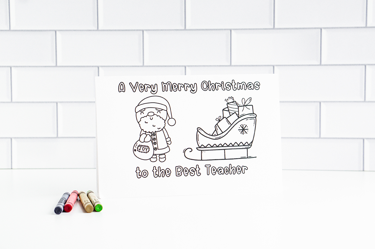 This is one of the 25 free printable Christmas cards to color you can get for free in this blog post. This one says a very Merry Christmas to the Best Teacher