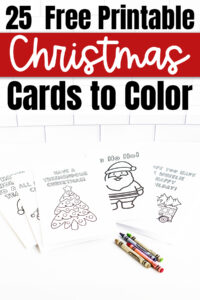 At the top it says 25 free printable Christmas cards to color. Below that are some of the 25 free printable Christmas cards to color you can get for free in this blog post.