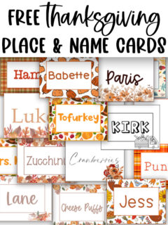 At the top it says free Thanksgiving place & name cards. Below that are some examples of the name tags and place cards you can get in this post.