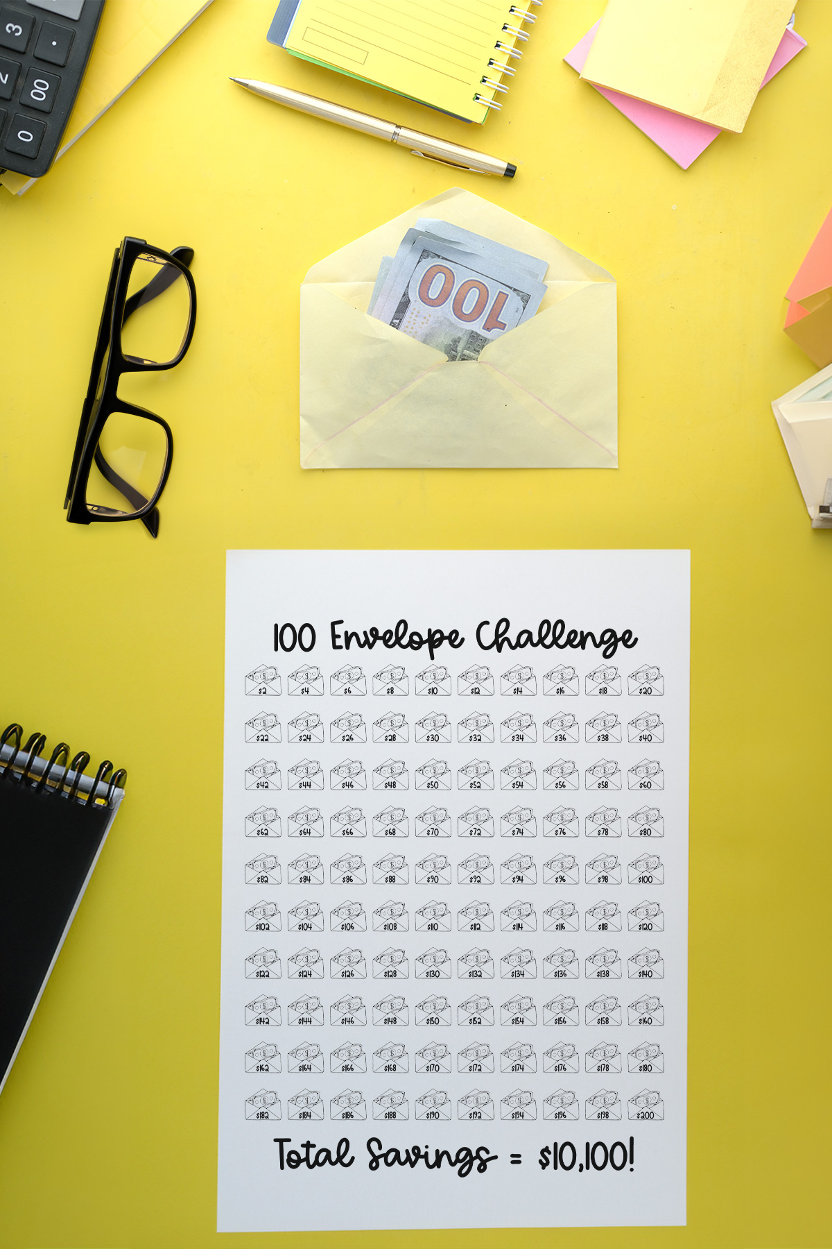 This image is showing an example of a free 100 envelope challenge chart printable you can get at the end of this post.