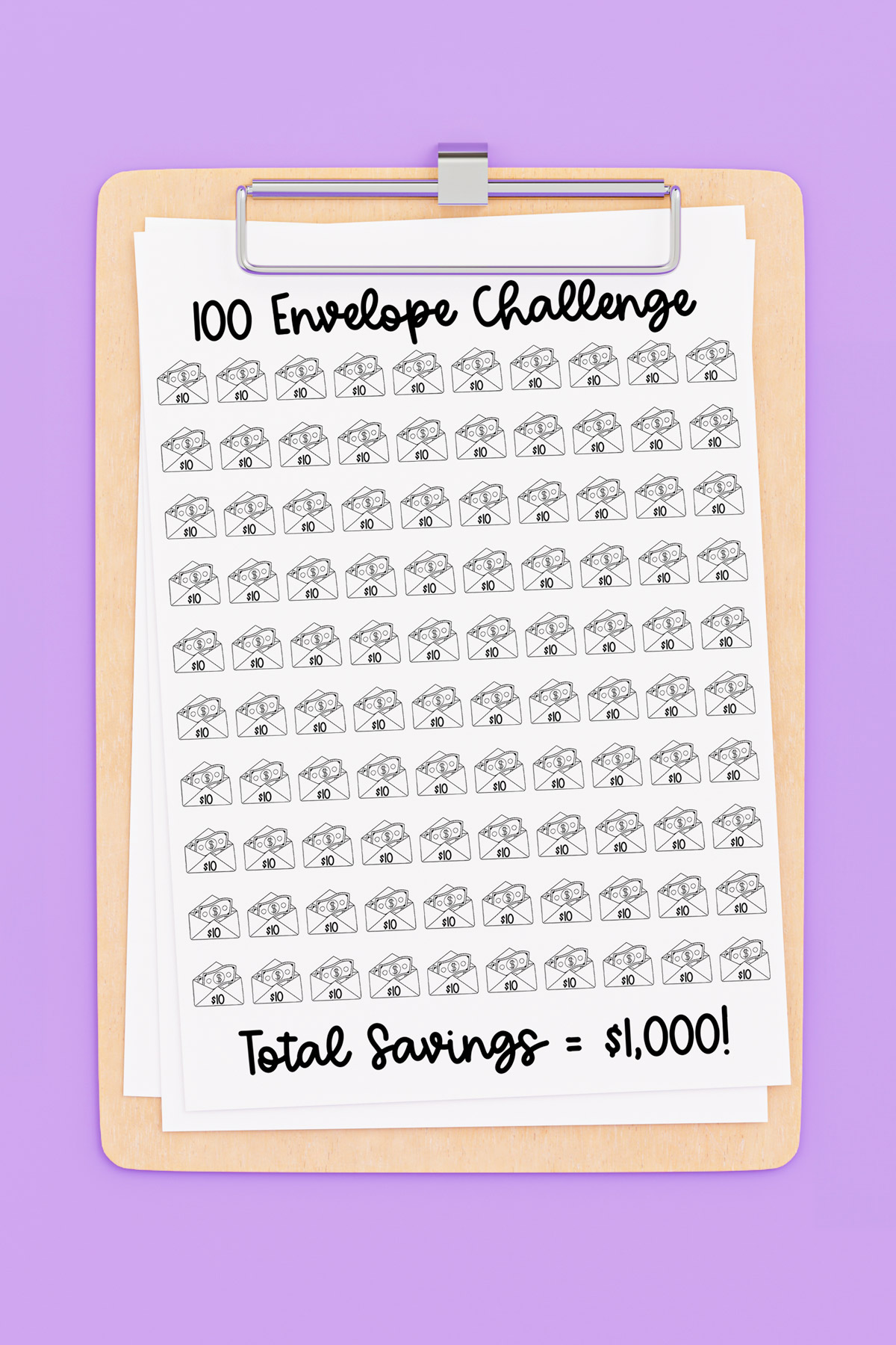 This image is showing an example of a free 100 envelope challenge chart printable you can get at the end of this post. This one is for saving $1,000.