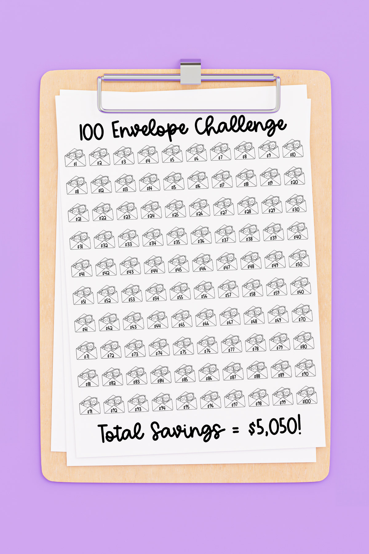 This image is showing an example of a free 100 envelope challenge chart printable you can get at the end of this post. This one is for saving $5,050.