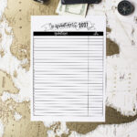 Adventures for 2027 printable sheet laid on top of a vintage world map with travel accessories including binoculars, a wallet, cash, and a magnifying glass.