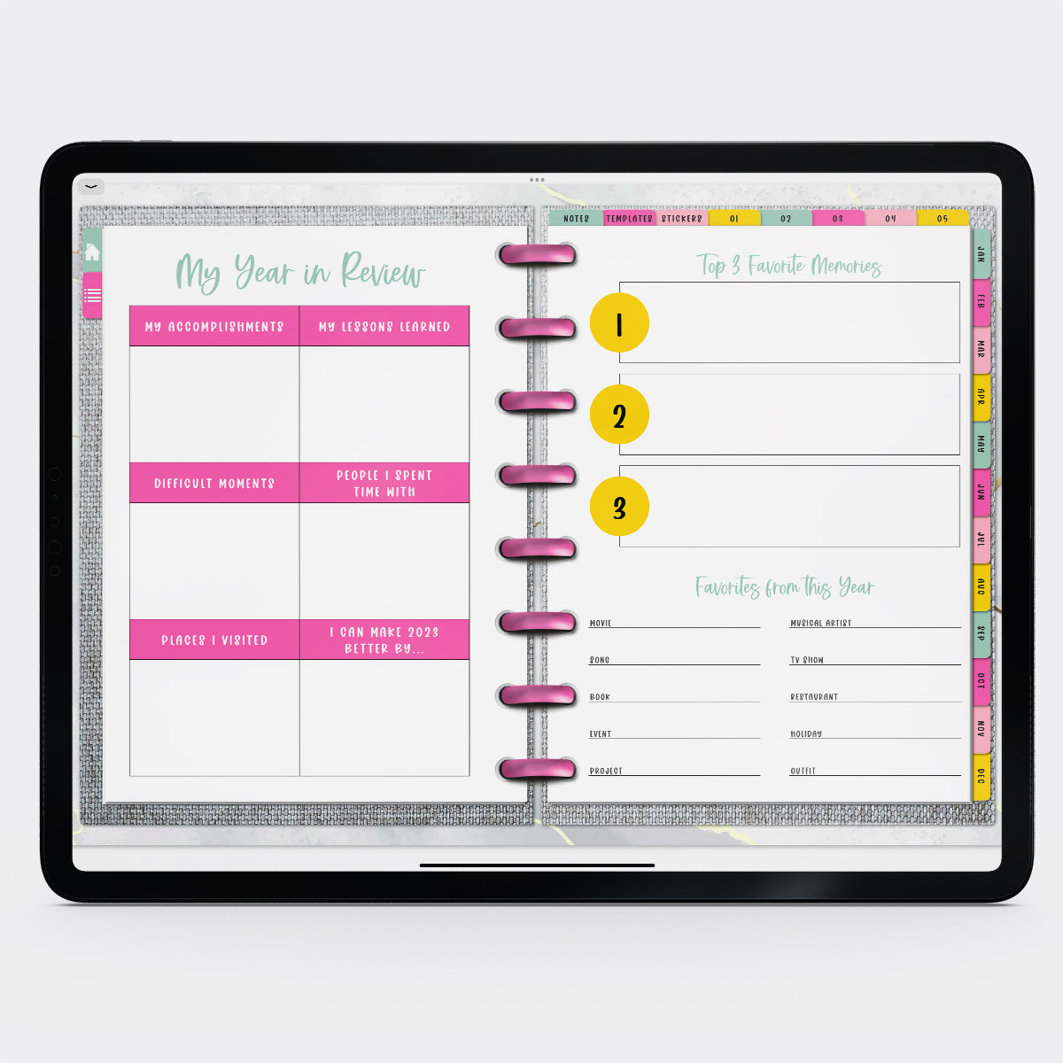 This image shows the free digital planner you can get in this post. It is open to the year in review template.