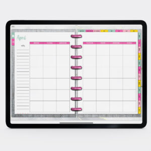 This image shows the free digital planner you can get in this post. It is open to the monthly calendar for April.