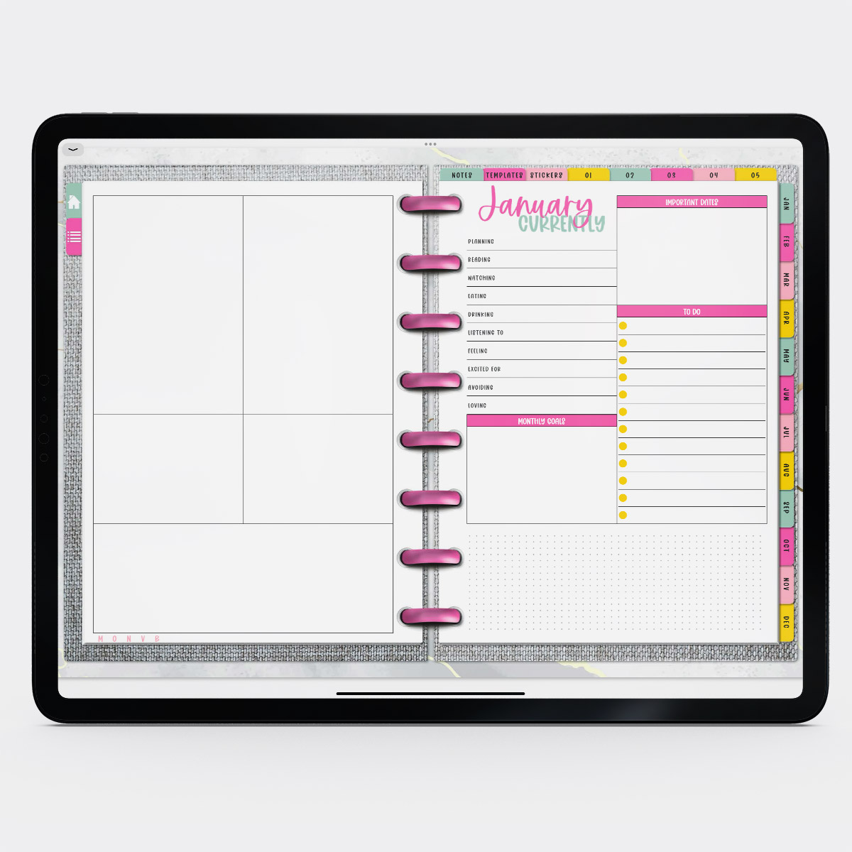 This image shows the free digital planner you can get in this post. It is open to the currently & monthly overview page for January.