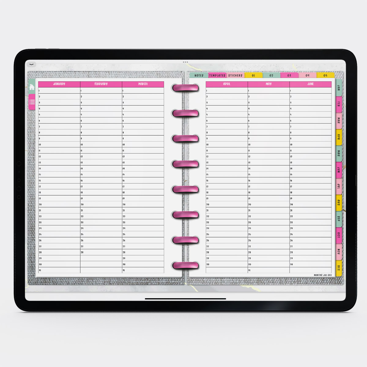 This image shows the free digital planner you can get in this post. It is open to the perpetual calendar.