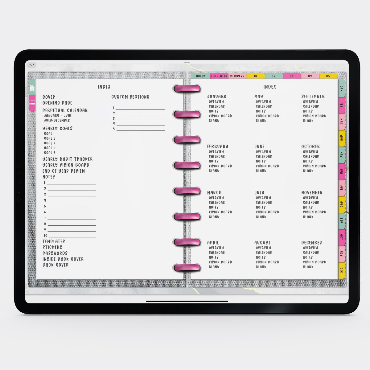 This image shows the free digital planner you can get in this post. It is open to the Index.