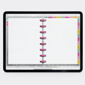 This image shows the free digital planner you can get in this post. It is open to the notebook paper template.