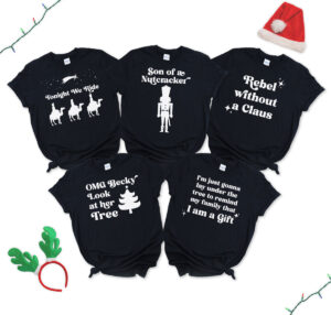 This image is of 5 funny Christmas shirts using the free Christmas SVGs you can get in this set. The one has the 3 wisemen and says Tonight we Ride. The next one says Son of a Nutcracker with the picture of a nutcracker. Next, it says OMG Becky look at her tree with a tree picture. Then it says I'm just gonna lay under the tree to remind my family that I am a gift. Lastly, it says Rebel without a Claus.