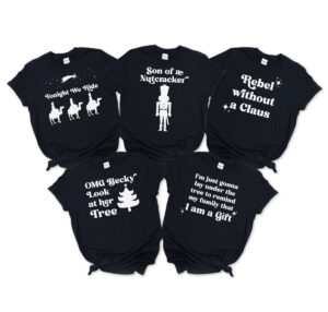 This image is of 5 funny Christmas shirts using the free Christmas SVGs you can get in this set. The one has the 3 wisemen and says Tonight we Ride. The next one says Son of a Nutcracker with the picture of a nutcracker. Next, it says OMG Becky look at her tree with a tree picture. Then it says I'm just gonna lay under the tree to remind my family that I am a gift. Lastly, it says Rebel without a Claus.